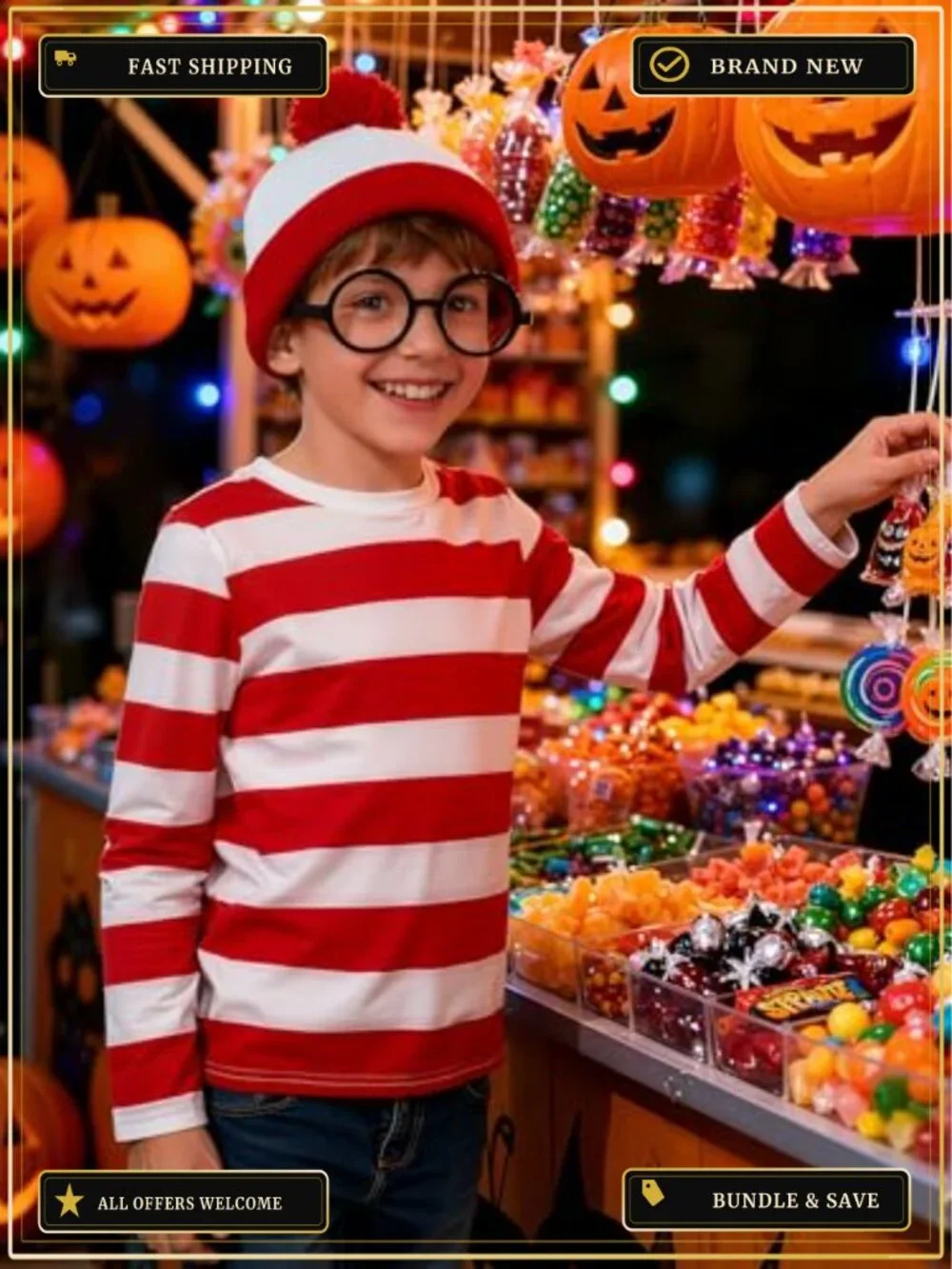 Kids Halloween Costume Set Striped T-Shirt Beanie Nerd Glasses 10-12Y